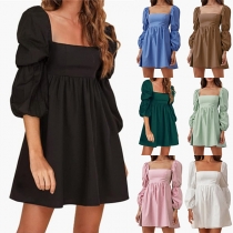 Fashion Solid Color Square Neck Long Sleeve Mini Dress