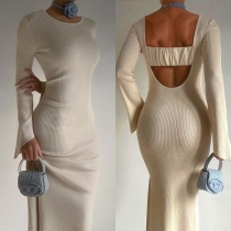 Fashion Solid Color Round Neck Long Sleeve Backless Ribbed Maxi Dress