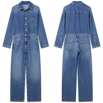 Fashion Old-washed Stand Collar Front Buttoned Long Sleeve Straight-cut Denim Jumpsuit