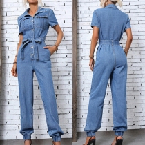 Fashion Old-washed Stand Collar Short Sleeve Self-tie Denim Jumpsuit