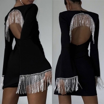 Sexy Tassel Square Neck Long Sleeve Trumpet Long Sleeve Backless Bodycon Dress