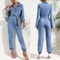 Fashion Old-washed Stand Collar Long Sleeve Button Self-tie Denim Jumpsuit