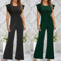 Fashion Solid Color Round Neck Ruffled Cap Sleeve Wide-leg Jumpsuit