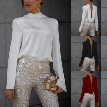 Fashion Solid Color Mock Neck Draped Backless Shirt