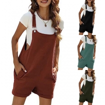 Casual Solid Color Side Pockets Suspender Romper