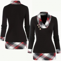Fashion Plaid Spliced V-neck Long Sleeve Shirt
