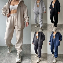 Fashion Solid Color Two-piece Set Consist of Hooded Sweatshirt Jacket and Drawstring Sweatpants