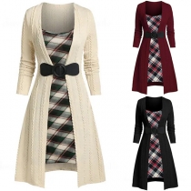 Street Fashion Plaid Spliced Round Neck Long Sleeve Mock-two-piece Dress