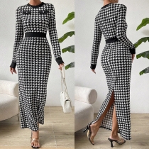 Fashion Houndstooth Printed Round Neck Long Sleeve Slit Maxi Dress