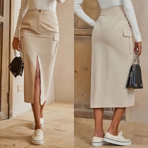 Fashion Side Patch Pockets Slit Skirt