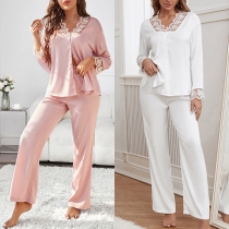 Comfy Solid Color Two-piece Pajamas Set Consist of Lace Spliced Pajamas Shirt and Pajamas Pants