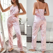 Comfy FLoral Printed Two-piece Pajamas Set Consist of Pajamas Cami Shirt and Lace Spliced Pajamas Pants