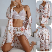 Sexy Floral Printed Three-piece Pajamas Set Consist of Lace Bra, Floral Printed Short and Self-tie Robe