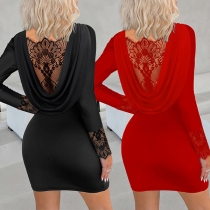 Elegant  Long Sleeve Draped Semi-through Lace Spliced Bodycon Dress