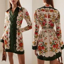 Bohemian Style Floral Printed Long Sleeve Buttoned Shirt Dress