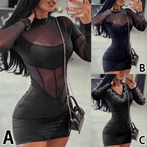 Sexy Semi-through Gauze Spliced Rhinestone Mock Neck Long Sleeve Bodycon Dress