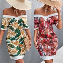 Bohemia Style Floral Printed Strapless Short Sleeve Bodycon Dress