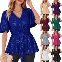 Fashion Sequined V-neck Short Sleeve Self-tie Shirt