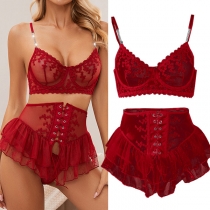 Sexy See-through Floral Embroidery Lace-up Ruffle Three-piece Lingerie Set
