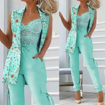 Street Fashion Floral Printed Two-piece Suit Set Consist of Sleeveless Blazer and Drawstring Pants