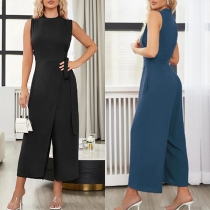 Fashion Solid Color Round Neck Sleeveless Straight-cut Jumpsuits