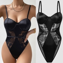 Sexy Lace Spliced Sweetheart Neckline Cinched Waist Cami Bodysuit