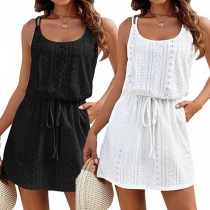 Casual Solid Color Square Neck Drawstring Waist Hollow-out Swimming Cover-up Dress