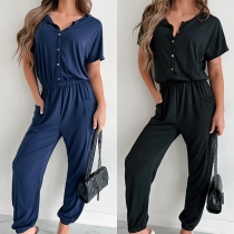 Casual Solid Color Button Round Neck Elastic Waist Patch Pockets Jumpsuit