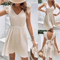Fashion Solid Color V-neck Ruffled Sleeveless Self-tie Backless Mini Dress