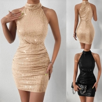 Sexy Bling-bling Sequin Mock Neck Sleeveless Bodycon Dress