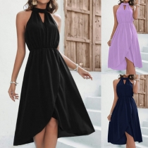 Fashion Solid Color Front Cutout Sleeveless Irregular Hemlien Dress