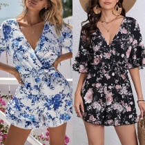 Fashion Floral Printed V-neck Short Sleeve Romper