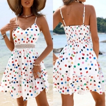 Fashion Colorful Polka-dot Printed V-neck Backless Mini Slip Dress