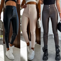 Fashion High-rise  Button Artificial Leather PU Skinny Pants