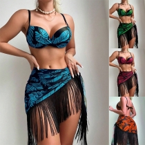Bohemia Style Floral Printed Three-piece Swimsuit Set Consist of Bikini Top, Bikini Bottom and Tassel Swimming Cover Up Skirt