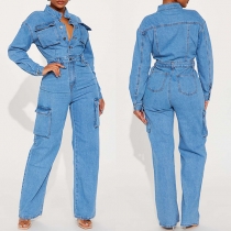 Fashion Stand Collar Front Buttoned Long Sleeve Patch Pockets Straight-cut Denim Jumpsuit