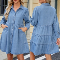 Fashion Old-washed Buttoned Stand Collar Long Sleeve Denim Dress