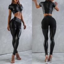 Sexy Artificial Leather PU Two-piece Set Consist of Crop Top and Skinny Pants