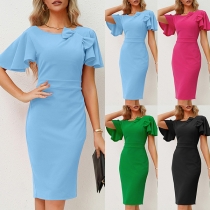 Elegant Solid Color Round Neck Short Sleeve Bowknot Bodycon Dress