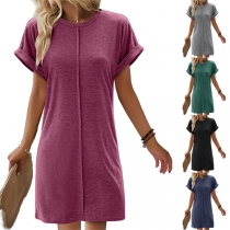 Casual Solid Color Round Neck Short Sleeve Shirt Dress