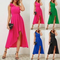 Fashion Solid Color Irregular Shoulder Bowknot Irregular Hemline Dress