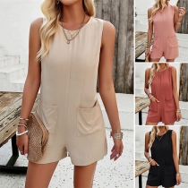 Casual Solid Color Round Neck Sleeeveless Patch Pockets Romper