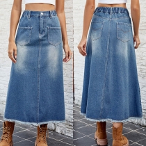 Street Fashion Old-washed Patch Pockets Elastic Waist Frayed Hemline Denim Skirt