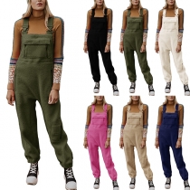 Street Fashion Solid Color Front Patch Pockets Adjustable Suspender Pants