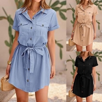 Casual Solid Color Patch Pockets Stand Collar Short Sleeve Self-tie Shirt Dress