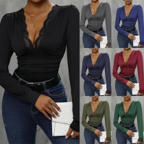 Sexy Lace Spliced V-neck Long Sleeve Bodysuit