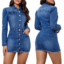 Street Fashion Front Buttoned Stand Collar Long Sleeve Frayed Hemline Old-washed Denim Dress