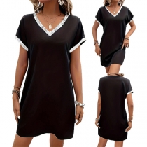 Fashion Sequin Spliced V-neck Short Sleeve Mini Dress