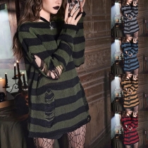 Fashion Contrast Color Striped Distressed Sweater