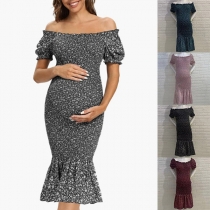 Sexy Printed Off-the-shoulder Short Sleeve Fishtail Hemline Maternity Dress